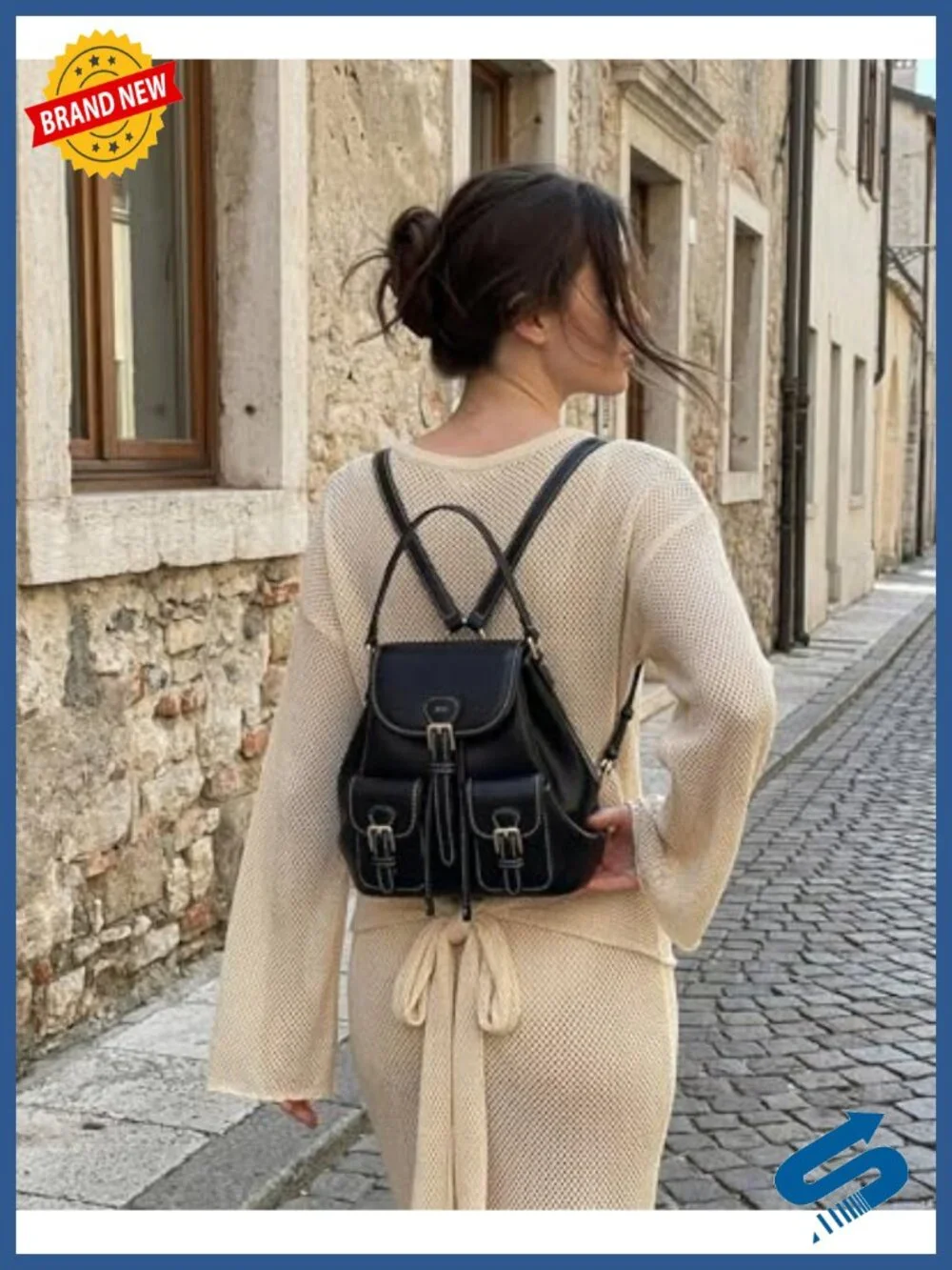 Vegan Leather Buckle Pocket Backpack, Adjustable Straps, Fits iPhone 16 Pro Max